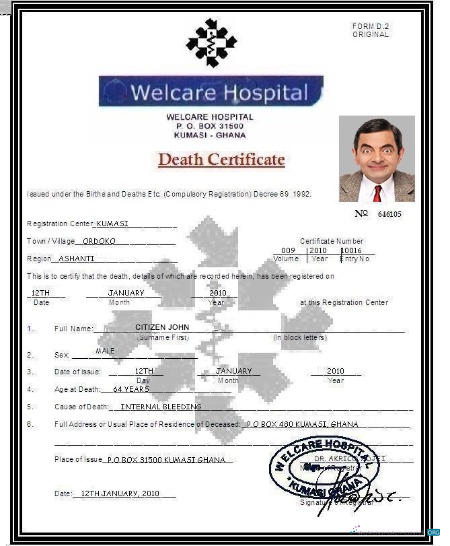 Download Ghana Welcare hospital death certificate Photoshop template